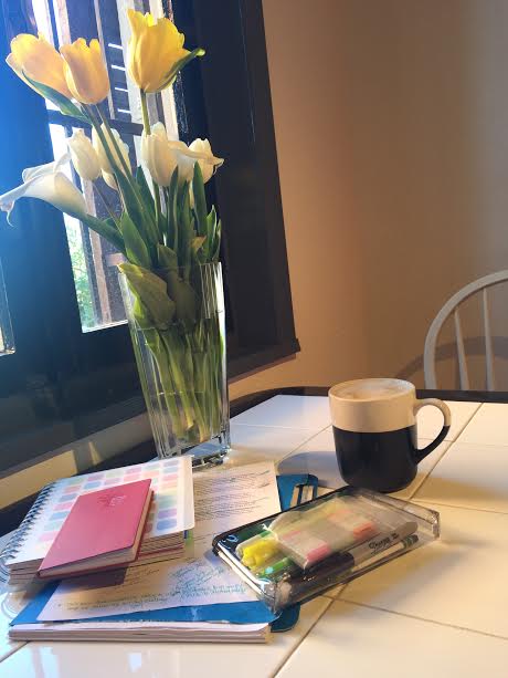 morning room table coffee flowers notebooks